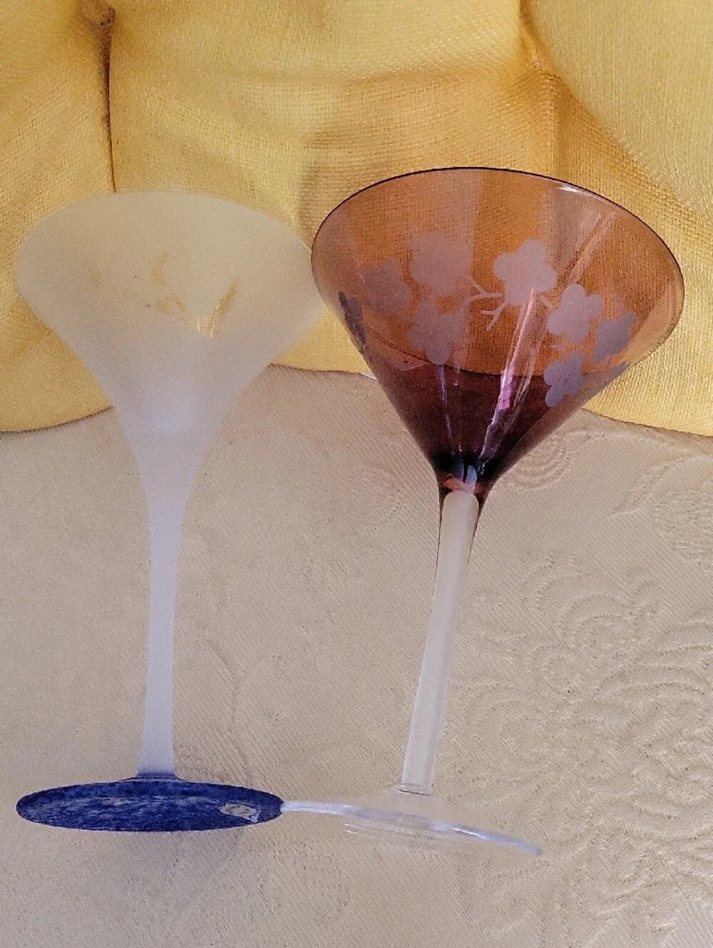 Elegant Blue-Base and Amber Etched Martini Glasses - Set of 2